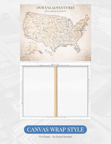 Image of IPIC - Vintage USA Canvas Wall Art, Large Travel Map Print for Home, Office, or Study, Push Pin Map Decor for Travel Lovers, Ready to Hang