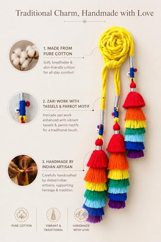 Image of Zippy Flora Satrang Cotton Parandi (Multi) | Handmade Boho Parandi | Traditional Hair Accessory with Braid Tassles & Shells | Hair Extension |Choti for Women | 22 Inches Length