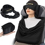 Travel Pillow and Blanket Set, Compact Airplane Pillow Bag with Eye Mask for Long Flights Sleeping, 360Β° Support Head Strap Travel Essentials for Plane Car Sleep Neck Upright, Stop Bobblehead (Black)