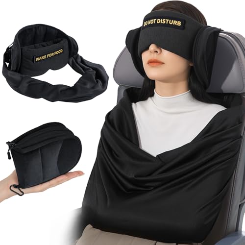 Travel Pillow and Blanket Set, Compact Airplane Pillow Bag with Eye Mask for Long Flights Sleeping, 360° Support Head Strap Travel Essentials for Plane Car Sleep Neck Upright, Stop Bobblehead (Black)