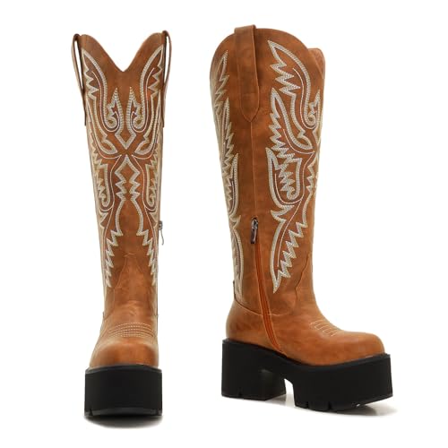 Image of Uillnoodu Wide Calf Cowboy Boots Women Adjustable Lace Up Knee High Tall Plus Size Cowgirl Boots Western Style Comfortable 2-Inch Heel