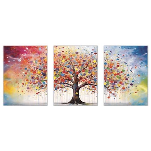JOSUE 3 Pcs Arbre De La Vie Tableau Chambre En Toile,Arbre Porte-Bonheur Jaune, rouge Tableau de décoration murale pour galerie salon à coucher salle de bain -20x30cm Sans cadre