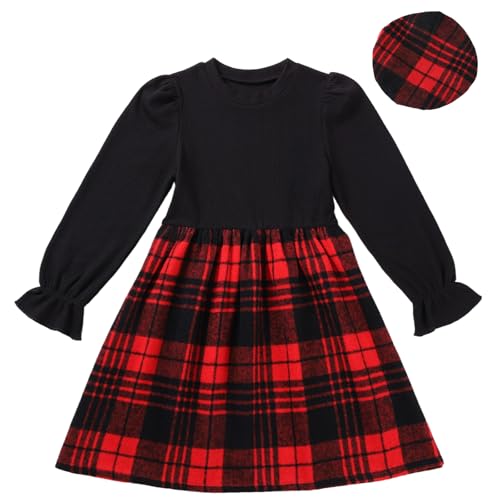 Ochine Girls Dress with Hat 2 Piece Long Sleeve Striped Holiday Party Casual Dress and Beret Hat for Fall Winter 6-12 Years
