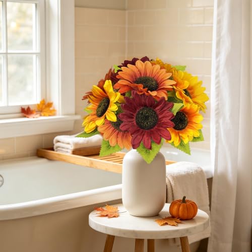 Image of 9PCS Sunflower Fall Artificial,Fake Silk Orange Red Yellow Sunflower | 13.8 inch Autumn Artificial Flowers for Fall Home Decor, Baby Shower, Wedding Decor and Cemetery Flowers Decor