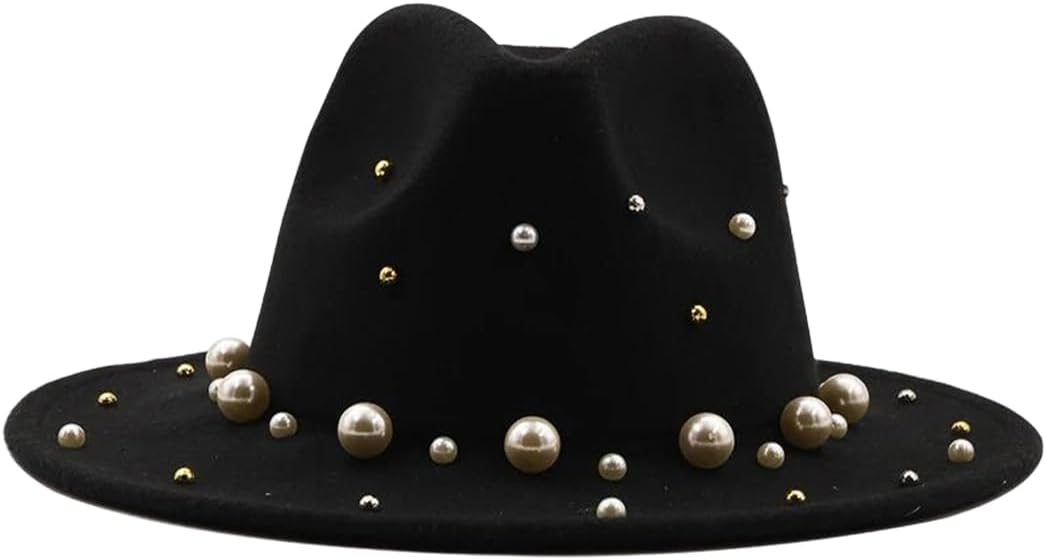 Womens Wool Fedora Hat Wide Brim with Pearl Detail Autumn Winter Church Dress Cap