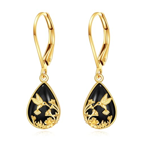 KECHO 14K Real Gold Black Crystal Earrings Dangle Drop Dangling Earrings Solid Yellow Gold Jewelry Gifts for Women