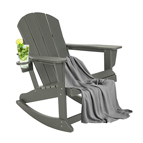 Huezoe Adirondack Rocking Outdoor Cup Holder, Weather Resistant Hdpe Patio Chairs Backyard & Lawn Furniture, Grey #TOP18