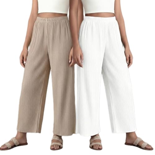 Image of Set of Combo Trouser and Pants for Girls and Women's Relaxed Fit Stretchable Regular Fit Palazzos Lightweight Elastic Waistband Bottoms for Daliy Office & Casual Wear