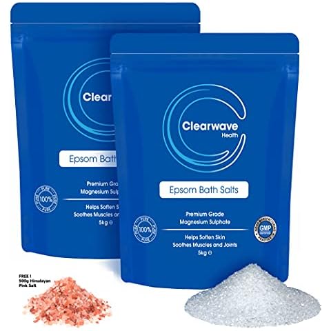 Epsom Salt 10kg Resealable Pouch - 2X 5kg Epsom Salts for Bath Including 500g Himalayan Salt by Clearwave Health Cover