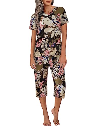 Ekouaer-Womens-Sleepwear-Capri-Pajama-Sets-Short-Sleeve-Two-Piece-Pjs-V-Neck-Tops-Capri-Pants-with-Pockets-S-3XL