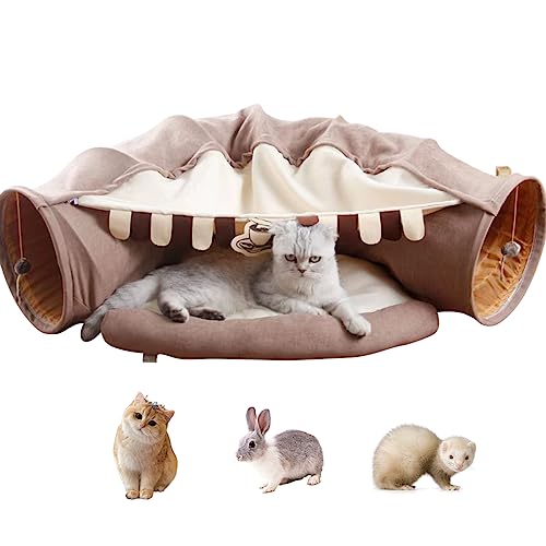 Image of EAEDMY Cat Rabbit Tunnel Bed Nest for Cats Indoor, with Collapsible Washable Soft Cushion, Plush Ball and Exercise Wheel Tube, Fit for Puppy Bunny Kitty Kitten Ferret(2.Coffee)