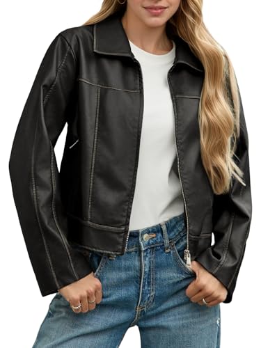 Yousify Womens Faux Leather Jacket Casual Zip Up Motorcycle Long Sleeve Collared Fall Cropped Coats with Pockets