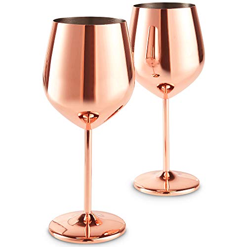 VonShef Copper Stainless Steel Wine Glasses Set of 2 16oz Shatter Proof Glasses with Gift Box