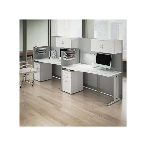 Bush Business Furniture Office in an Hour Straight Cubicle Desks with Storage, Drawers, and Organizers | Double Workstation Set with Privacy Panels for Commercial Workspace, 2 Person, Pure White