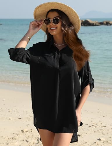 Swimsuit Coverups for Women, V Neck Bathing Suits Cover Ups for Women, 3/4 Sleeve Bikini Cover Up Beach Dress3