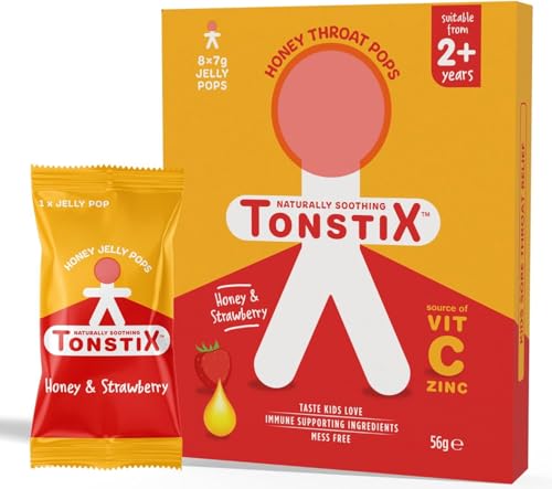Tonstix Honey and Strawberry Jelly Pops - Pack of 8 Sore Throat Lollipops for Kids with Vitamin C and Zinc - No Added Sugar Cough Soother for Children - 100% Natural, Immune Supporting Ingredients