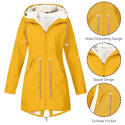 Gefütterte Regenjacke Damen Wasserdicht, Regenmantel Damen Gefüttert Warm,Winterjacke Damen mit Teddyfell Kapuze Outdoor Jacke Mantel Dicke Plüsch Wintermantel Softshelljacke Windjacke Regenmantel