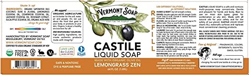 Vermont Castile Lemongrass Zen Soap, Gentle Liquid Soap For Sensitive Skin & Natural Body Wash, Organic Hair Shampoo For Oily Hair, Aloe Castile Soap For Men & Women - 64 Oz #TOP1