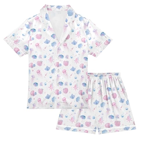 Dreamy Jellyfish Pattern Summer Satin Pajama Set, Cute Button-Down Sleepwear Pj Set for Sleep Wears