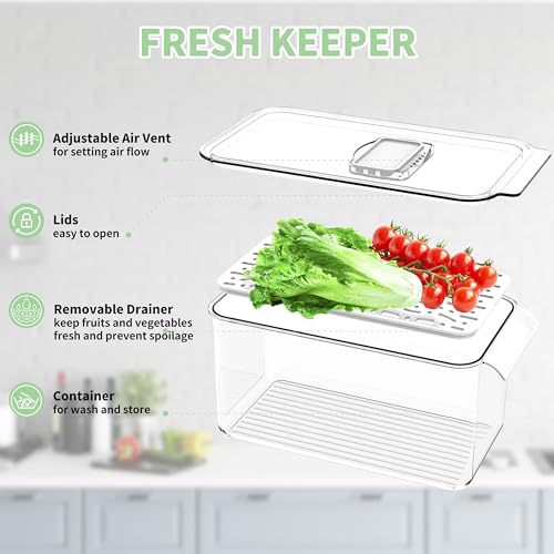 elabo Fruit Storage Containers Fridge Fresh Produce Saver- 3 Piece Set Stackable Refrigerator Organizer Keeper Bins with Lids and Removable Drain Tray for Veggie, Berry, Fruits and Vegetables