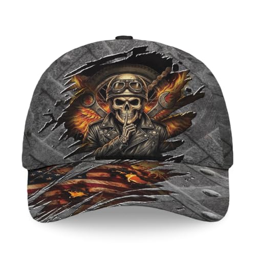 Image of Skull Baseball Cap for Men, Grim Reaper Death Crack Old Metal with Flag, Men's Hat, Adjustable Motorcycle Soft Caps