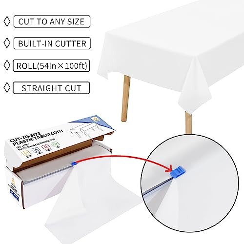 Jhdzdhy 54 Inch X 100 Feet Plastic Table Cover Roll Disposable Tablecloth With Slide Cutter For All Type/Shape Tables | Picnic, Party, Banquet, Birthdays, Weddings (White) #TOP2