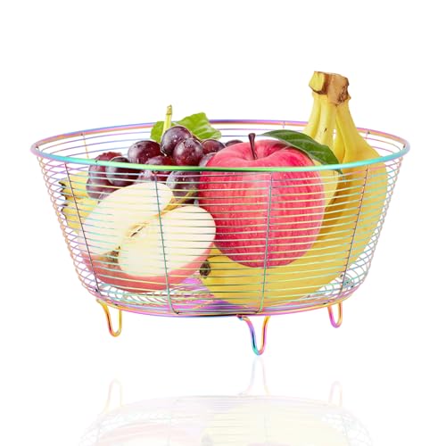 DOCBLACK Round Fruit Bowl, Fruit Basket Creative Mesh Fruit Dish Basket Bowl, Large Metal Wire Storage Baskets, Modern Style Container for Fruit, Vegetables, Bread, Snacks - 8.46" Diameter (Rainbow)