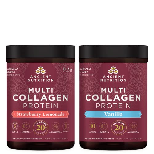 Ancient Nutrition Multi Collagen Protein Powder, Strawberry Lemonade, 45 Servings + Multi Collagen Protein Powder, Vanilla, 45 Servings #TOP21