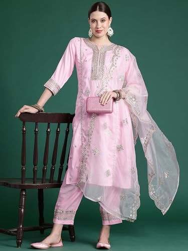 Image of INDO ERA Womens Silk Blend Embroidered Straight Kurta Pant Dupatta Set (KH9BP6006)