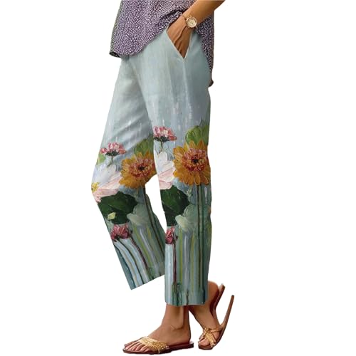 Womens Capri Pants Oil Painting Flower Printed Palazzo Pants Straight Leg Boho Floral Summer Trousers with Pockets