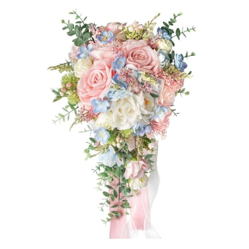 Amagogo Bridal flower arrangement, artificial flowers, cascading bridal arrangement in teardrop shape, silk flowers for bride and bridesmaids, ribbon handle decoration.