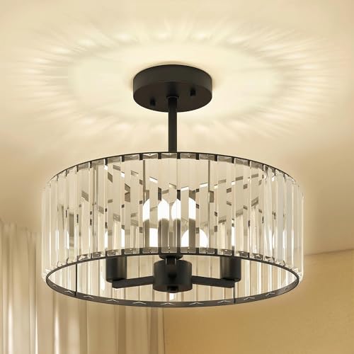 HOMCOM Crystal Ceiling Light Fixture, Semi Flush Mount Modern Crystal Chandelier Ceiling Light for Living Room, Bedroom, Hallway, Dining Room, E14 Base 3-Lights, Bulbs Not Included, Black