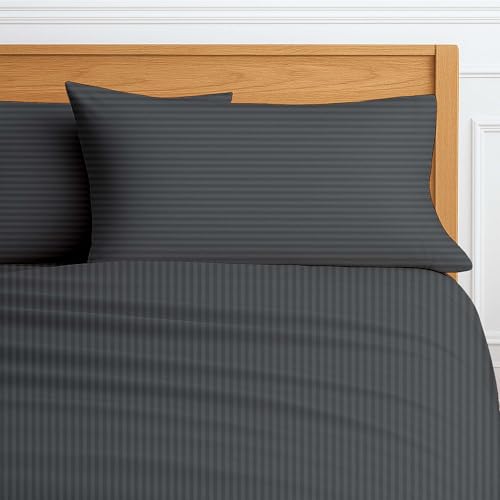Way Fair 4 Piece Sheet Set Queen XL Size Dark Grey Stripe - 100% Egyptian Cotton, 600-Thread-Count Cooling Bed Sheets, 15 Inch Deep Pocket of Fitted Sheet, Queen XL Cotton Bed Sheets Set