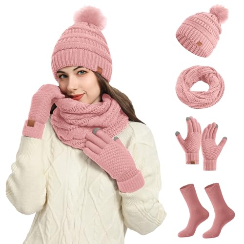 Genérico Conjunto 3 en 1 de Punto: Gorro, Bufanda y Guantes Térmicos para Mujer - Calentar Sombrero de Invierno para Esquí, Deportes al Aire Libre y Uso Diario - Rosa