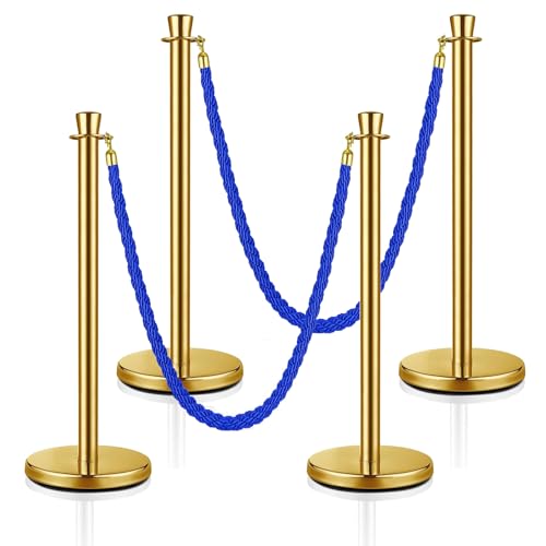 MICHELANGELO Kit 4 Pedestais Premium Organizador Separador de Fila Dourado com 2 Cordões Azul 1,50 M