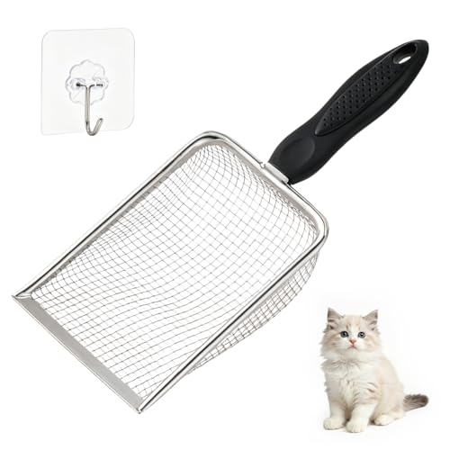 Ortarco Metal Cat Litter Scoop with 3.8mm Mesh, Robust Stainless Steel Kitty Litter Scooper, Cat Poop Scooper with Sticky Hang Hook
