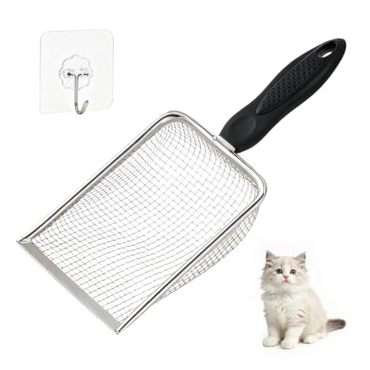 Stainless Steel Metal Cat Litter Scoop with 3.8mm Mesh, Sticky Hang Hook