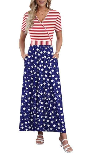 AUSELILY America 250 Womens Maxi Dress 4th of July Short Sleeve Long Dress Fourth of July V Neck Wrap Dresses USA American Flag L