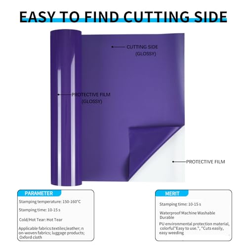 Image of guangyintong Purple Heat Transfer Vinyl HTV Rolls, 12 inch x 5ft Purple Iron on Vinyl for T Shirts, Glossy Surface HTV Vinyl for All Cutter Machine Easy to Cut & Weed for Heat Vinyl Design
