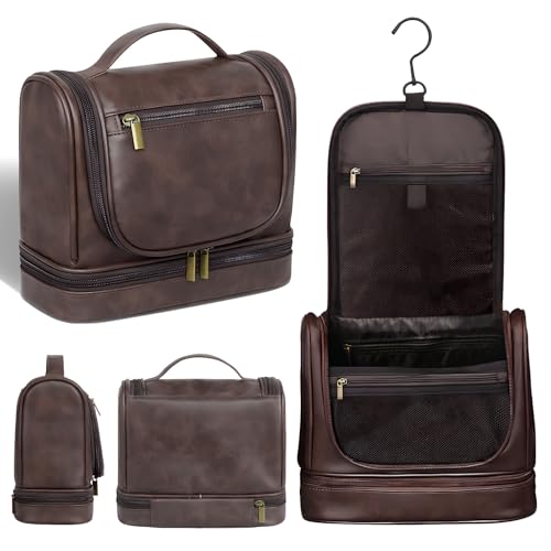 hanvate Fashion Hanging Toiletry Bag For Men, PU Leather Cosmetic Organizer, Large Capacity,Bag for Business Travel, Gym Camping and Toiletries Mens Gift (Coffee)