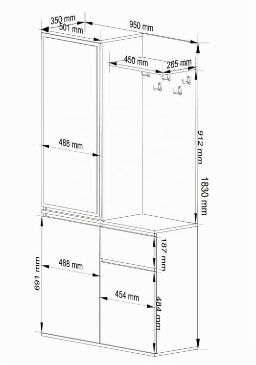 BDW ENTRO Armoire d'entrée avec Armoire à Glace, 95 x 183 x 35 cm, étagère à Chaussures, patères (chêne Artisanal/Blanc)
