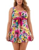 wantdo Women's Plus Size One Piece Swimsuit Floral Printed Swimdress Cover Up Skirtini Bathing Suit 2026 Rose Red 18-20 Plus