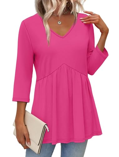 Image of OFEEFAN 3 /4 Length Sleeve Womens Tops 2026 Blouses for Women Dressy Casual Fashion Clothing V Neck Babydoll Tops Fall Outfits