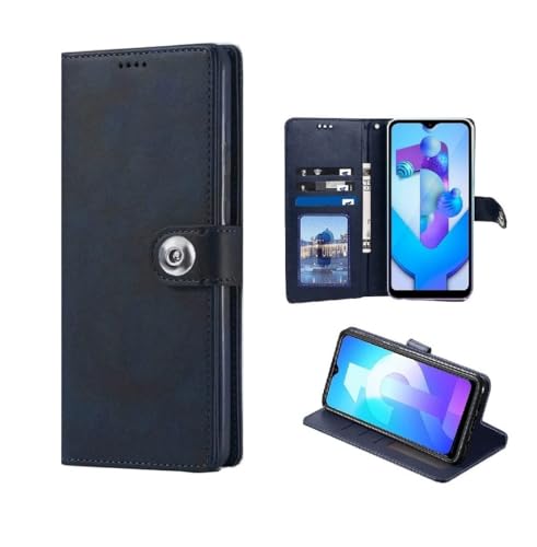 Image of Genuine Matte Leather Finish Flip Cover for Realme RMX3782 / Realme 60x | Inside Back TPU Wallet Stylish Button Magnetic Closure for Realme Narzo 60X 5G - Navy Blue