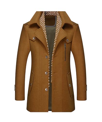 Image of SOMTHRON Men's Wool Blend Coat with Detachable Scarf or Iner Collar Single Breasted Pea Coat Warm Winter Trench Coat