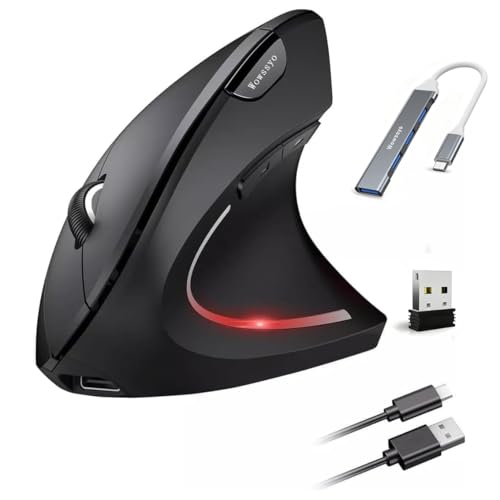Wowssyo Ergonomique Souris Verticale sans Fil 2,4 G et Rechargeable Bluetooth Souris pour Windows et Mac OS, Optique, 800/1200/1600 DPI, 5 Boutons - Noir