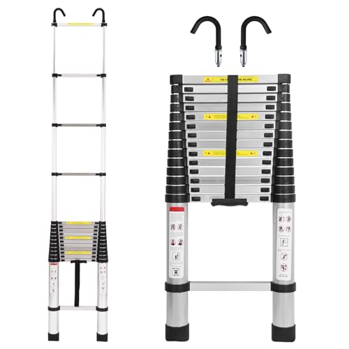 Telescoping Ladder Aluminum 20.3FT 6.2m Extension Ladder with Detachable Hooks EN131 Standard 330lbs Load Capacity Adjustable Height Portable Home Step Ladder Weights 36lbs