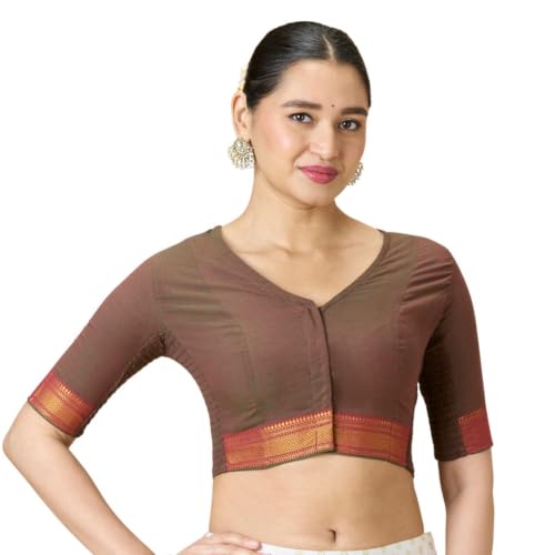 Image of Studio Shringaar Women's Handloom Cotton Stretchable (Smocked) Saree Blouse with Temple Zari Border