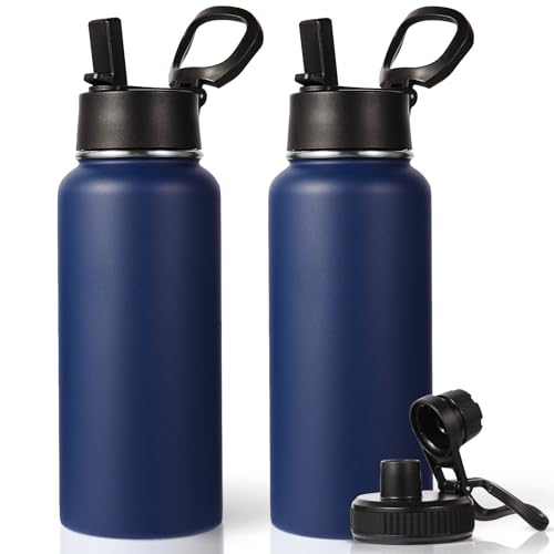 Neihepal 32 oz Insulated Water Bottles with 2 Lids (Straw & Spout Lid), 18/8 Stainless Steel Double Wall Water Bottle for Gym, Travel, Camping, Sports (Navy,2 Pack)
