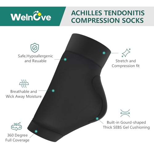 Image of Welnove Achilles Tendonitis Heel Protector Socks - 4 Pcs Achilles Tendon Support Compression Socks - Gel Padded Sleeve for Cushion & Protection of Bursitis, Tenderness, Dry Cracked (Black,Larger)
